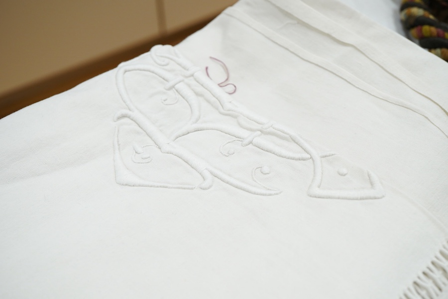 Three 1900's French provincial linen top sheets, all with monograms and embroidery with drawn thread work on the fold backs. Condition - linen strong but all need re laundering.